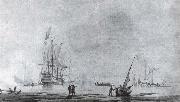 A two-decker man-o-war,stern quarter view,and a yacht in a quiet estuary, Monamy, Peter
